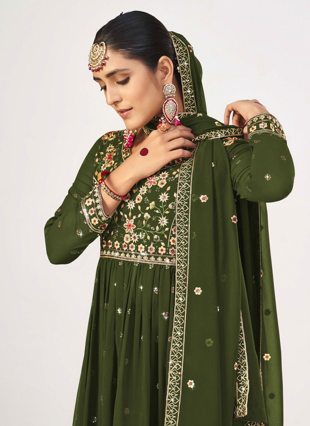 Palazzo Salwar Suit Georgette Green Embroidered Salwar Kameez