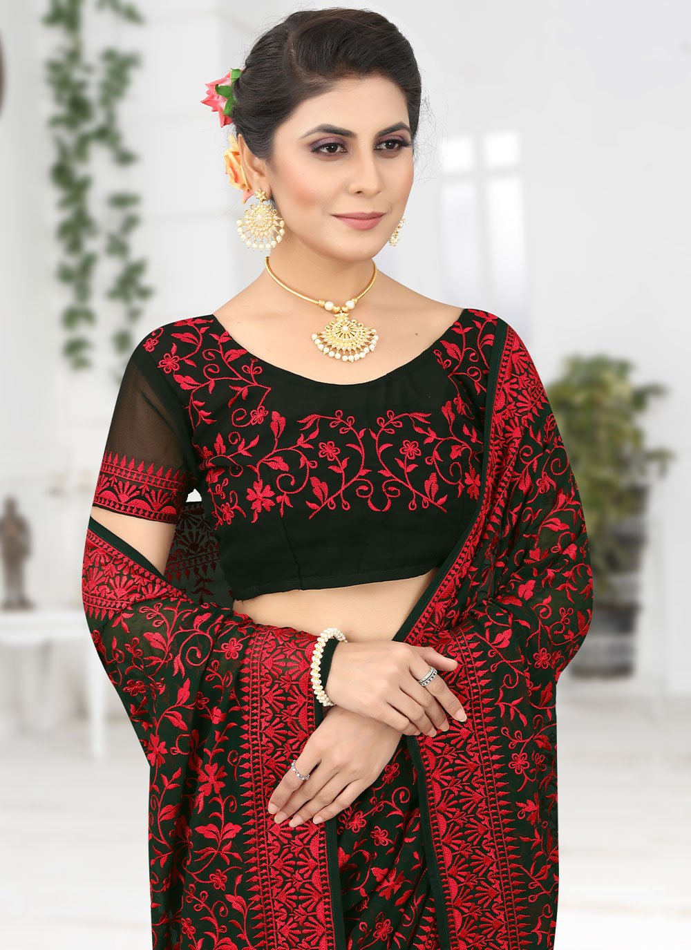 Contemporary Georgette Green Embroidered Saree