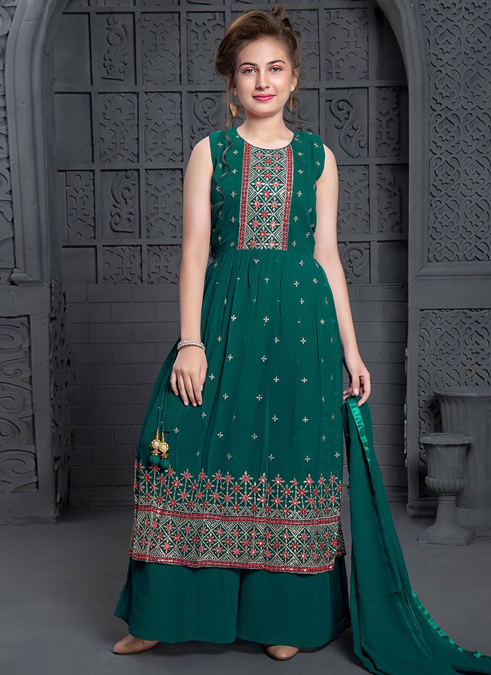 Salwar Suit Georgette Green Embroidered Kids