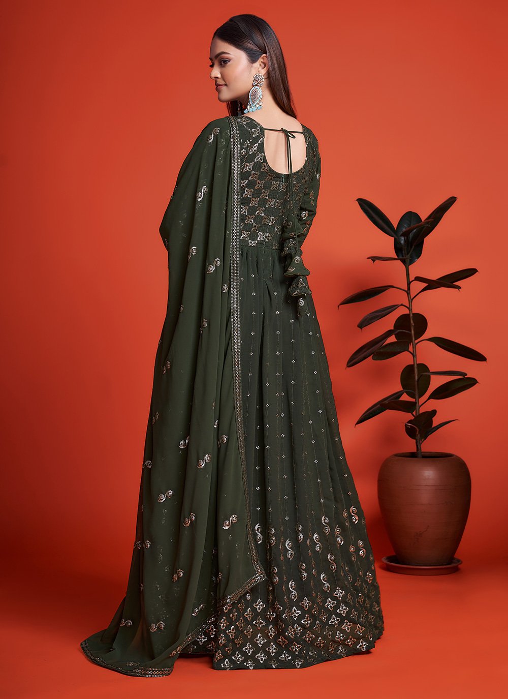 Designer Gown Georgette Green Embroidered Gown