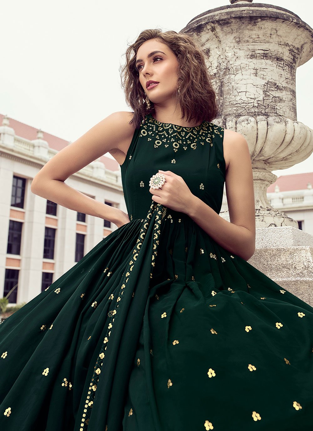 Gown Georgette Green Embroidered Gown