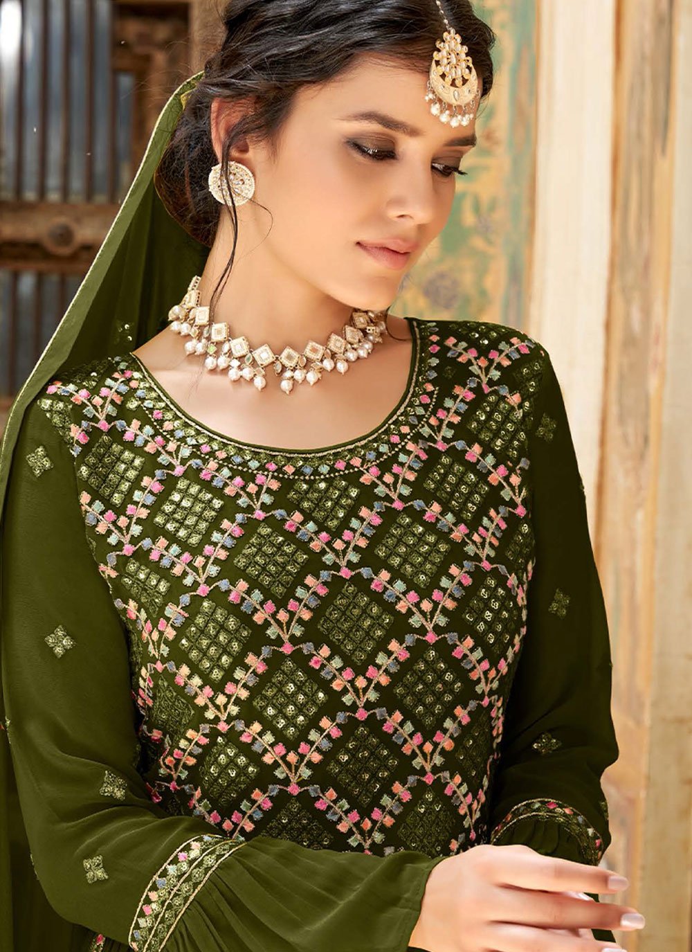 A Line Lehenga Georgette Green Embroidered Lehenga Choli