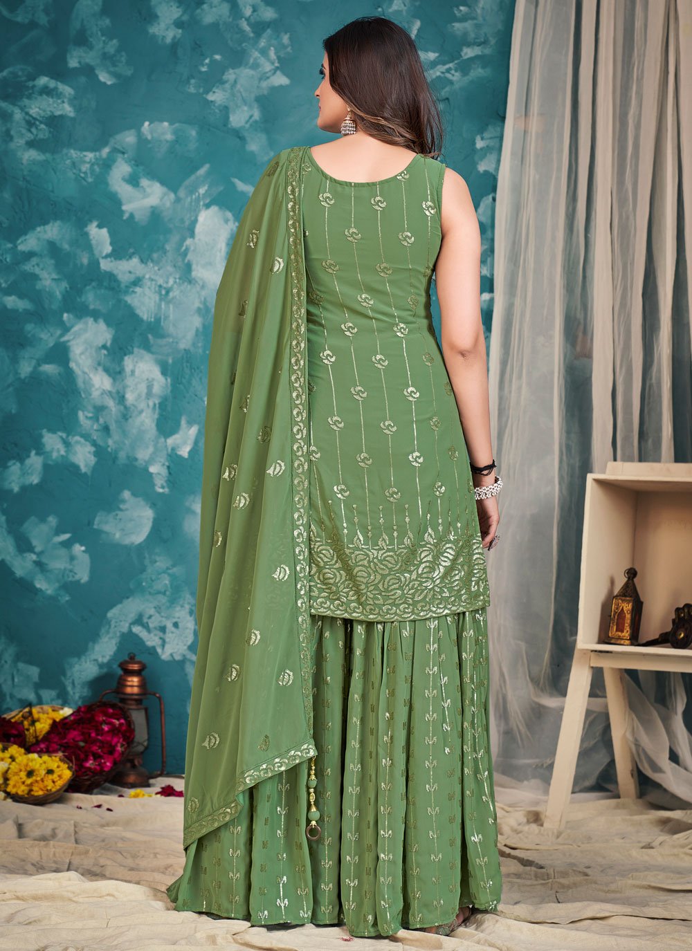 Salwar Suit Georgette Green Sequins Salwar Kameez