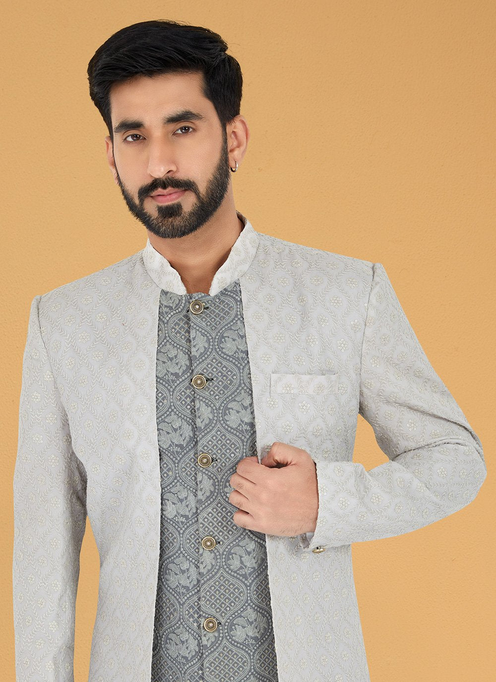 Indo Western Georgette Grey Silver Embroidered Mens
