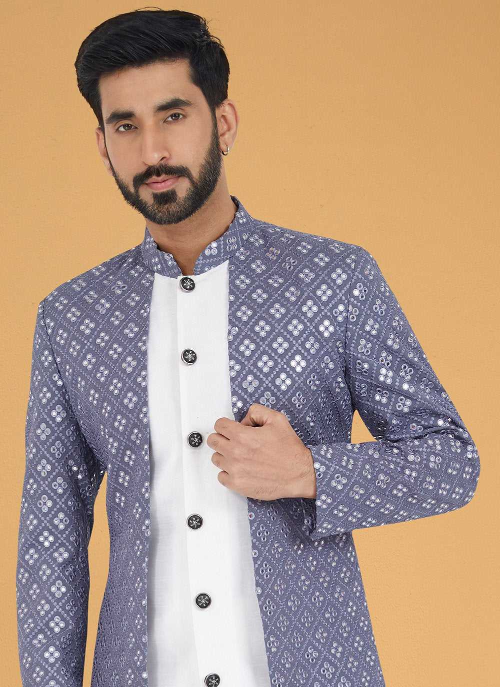 Indo Western Banarasi Silk Georgette Grey White Embroidered Mens