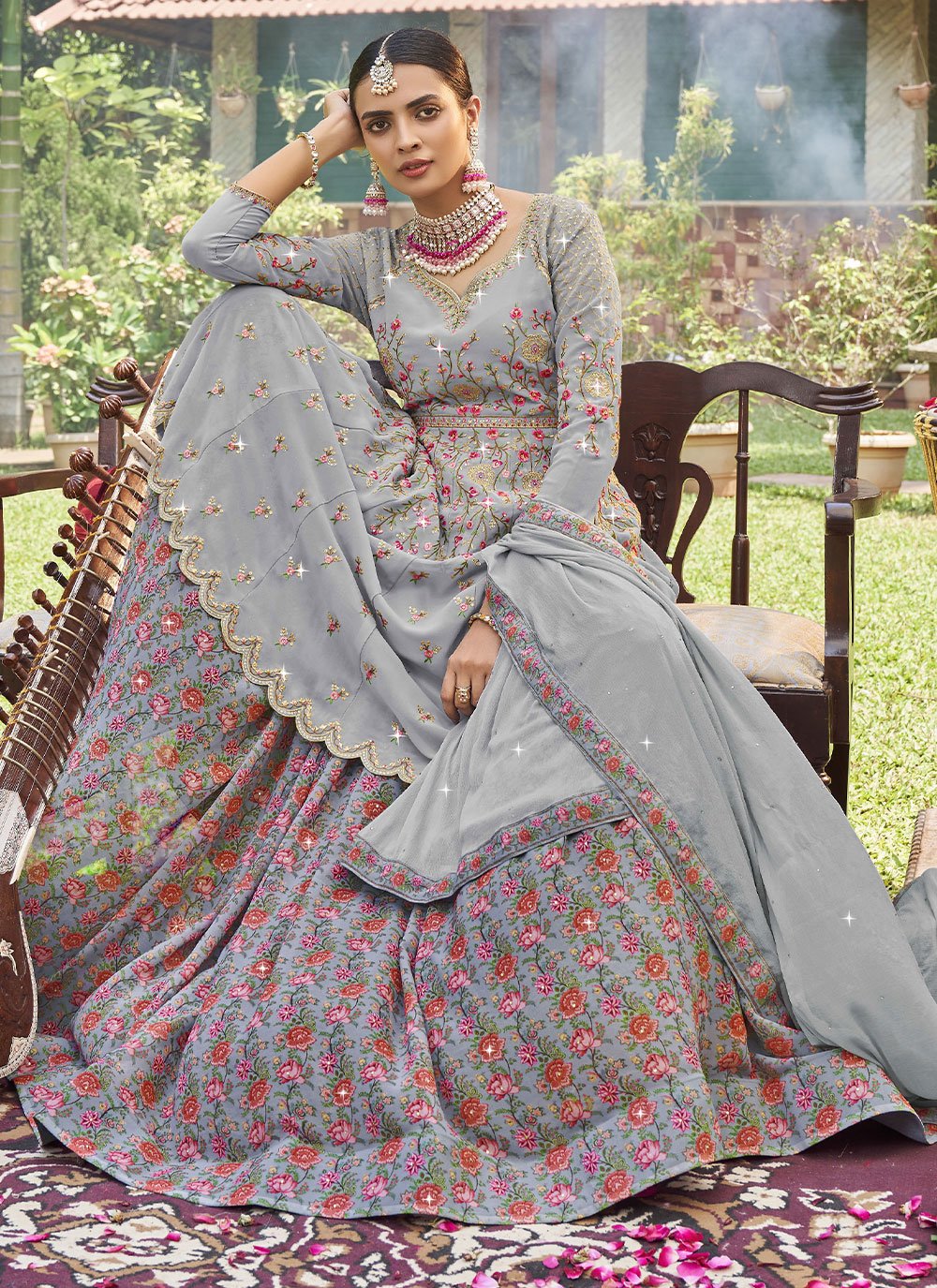 Lehenga Choli Georgette Grey Digital Print Lehenga Choli