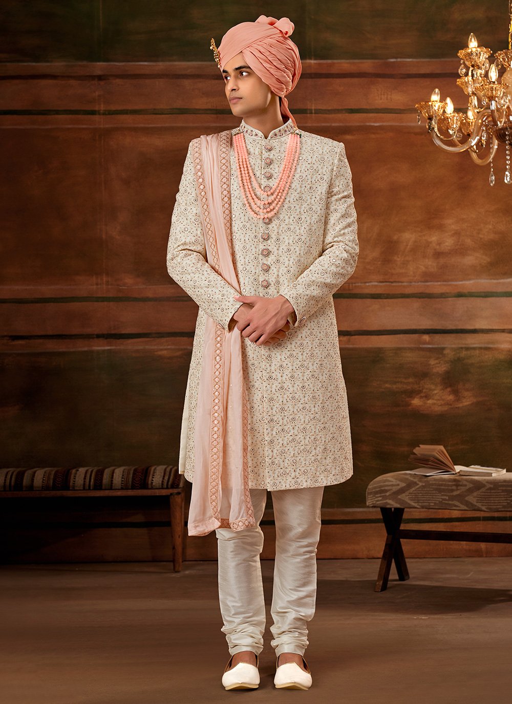 Sherwani Georgette Cream Hand Work Mens