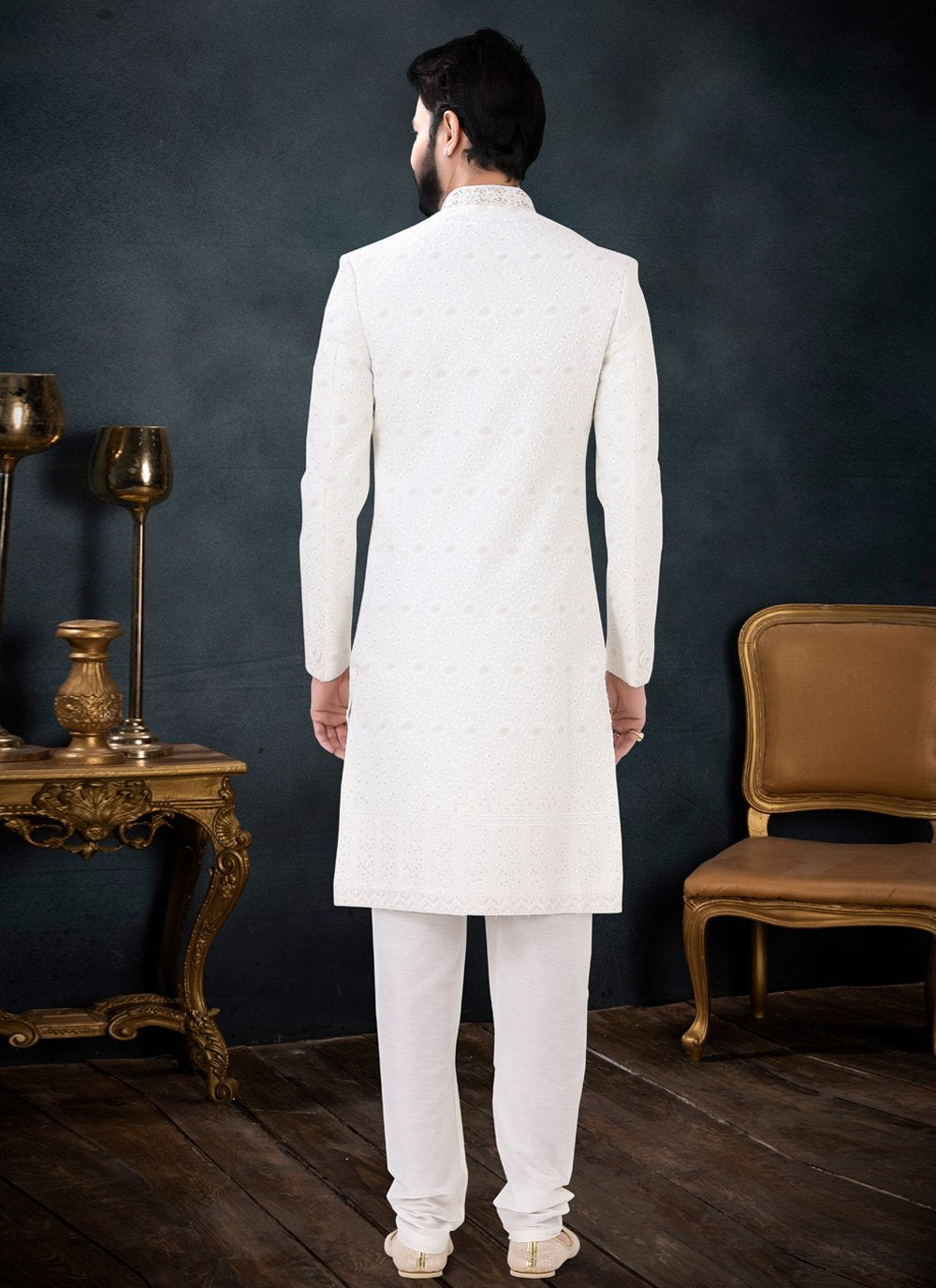 Indo Western Sherwani Georgette Cream Embroidered Mens