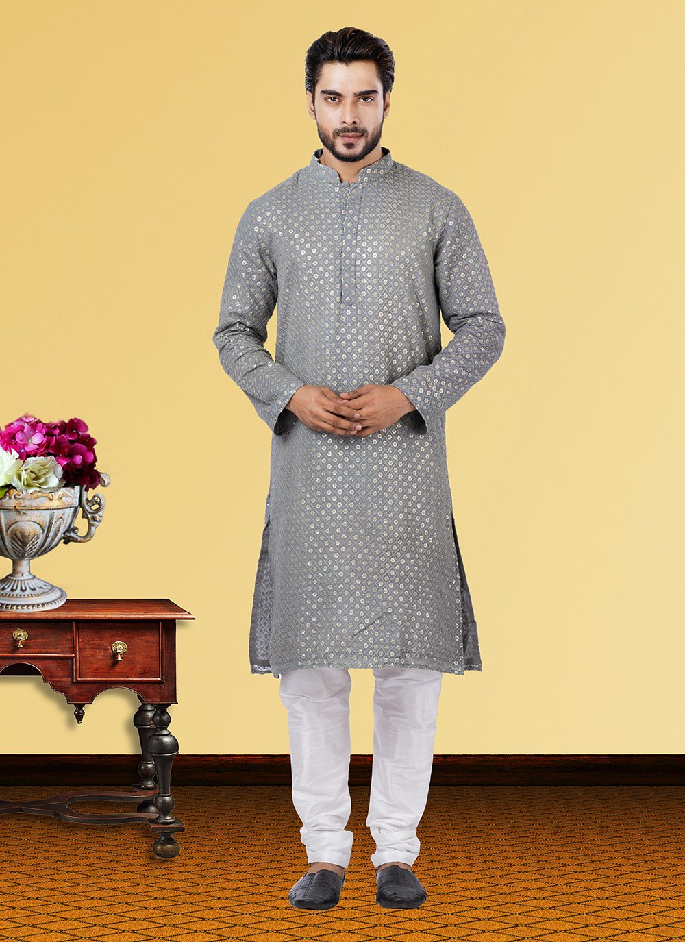 Kurta Pyjama Georgette Grey Embroidered Mens