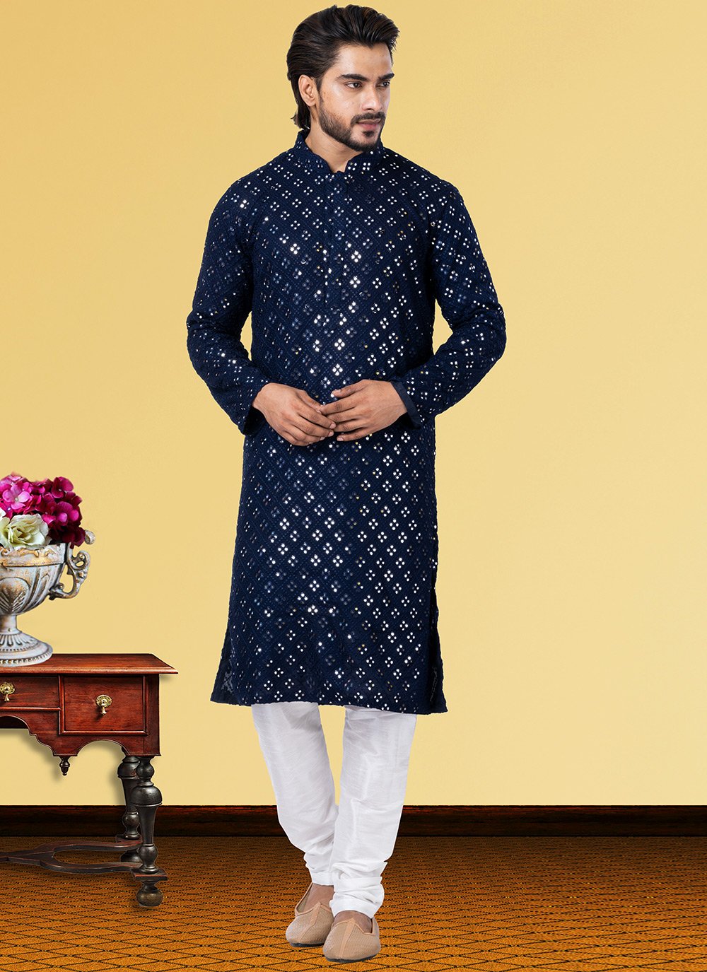 Kurta Pyjama Georgette Blue Embroidered Mens