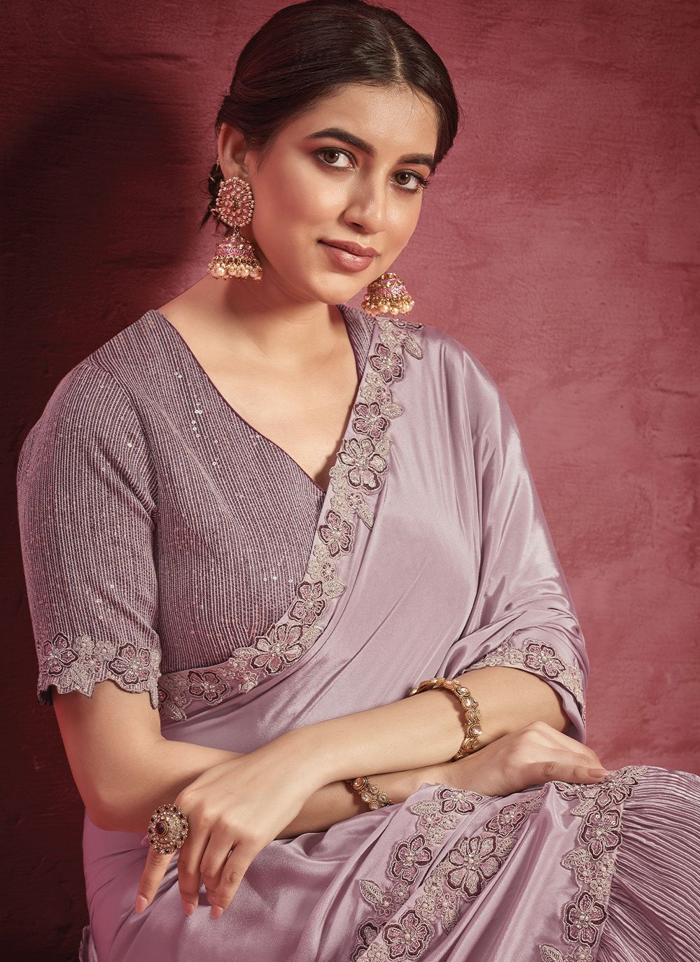 Classic Crepe Silk Georgette Lavender Lace Saree