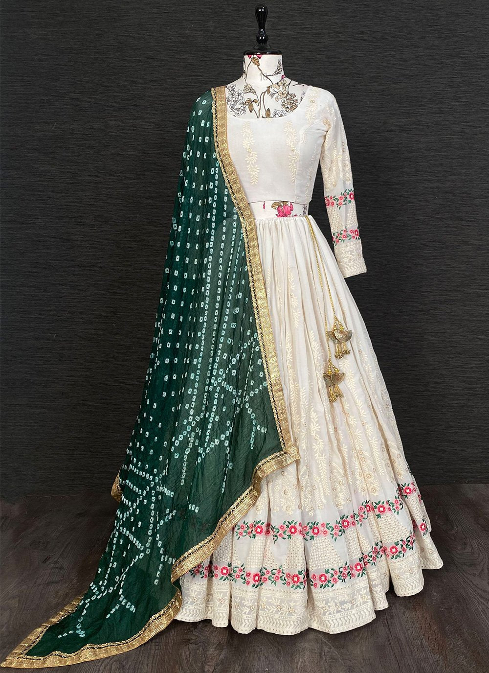 Lehenga Choli Georgette Green Off White Embroidered Lehenga Choli