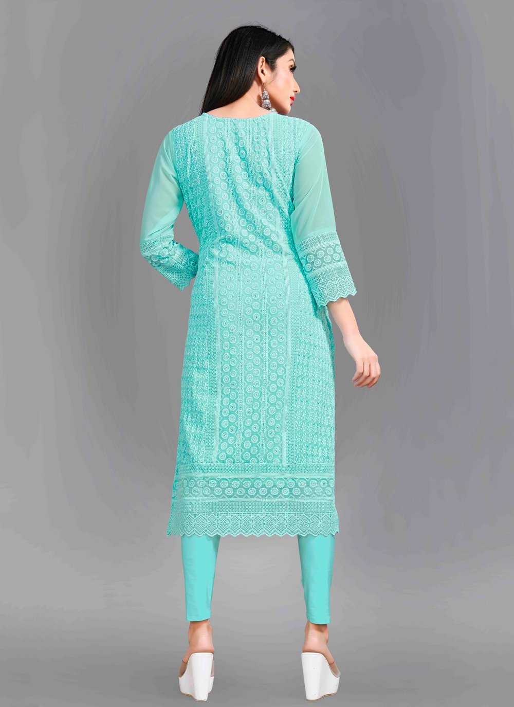Designer Kurti Chiffon Georgette Aqua Blue Embroidered Kurtis