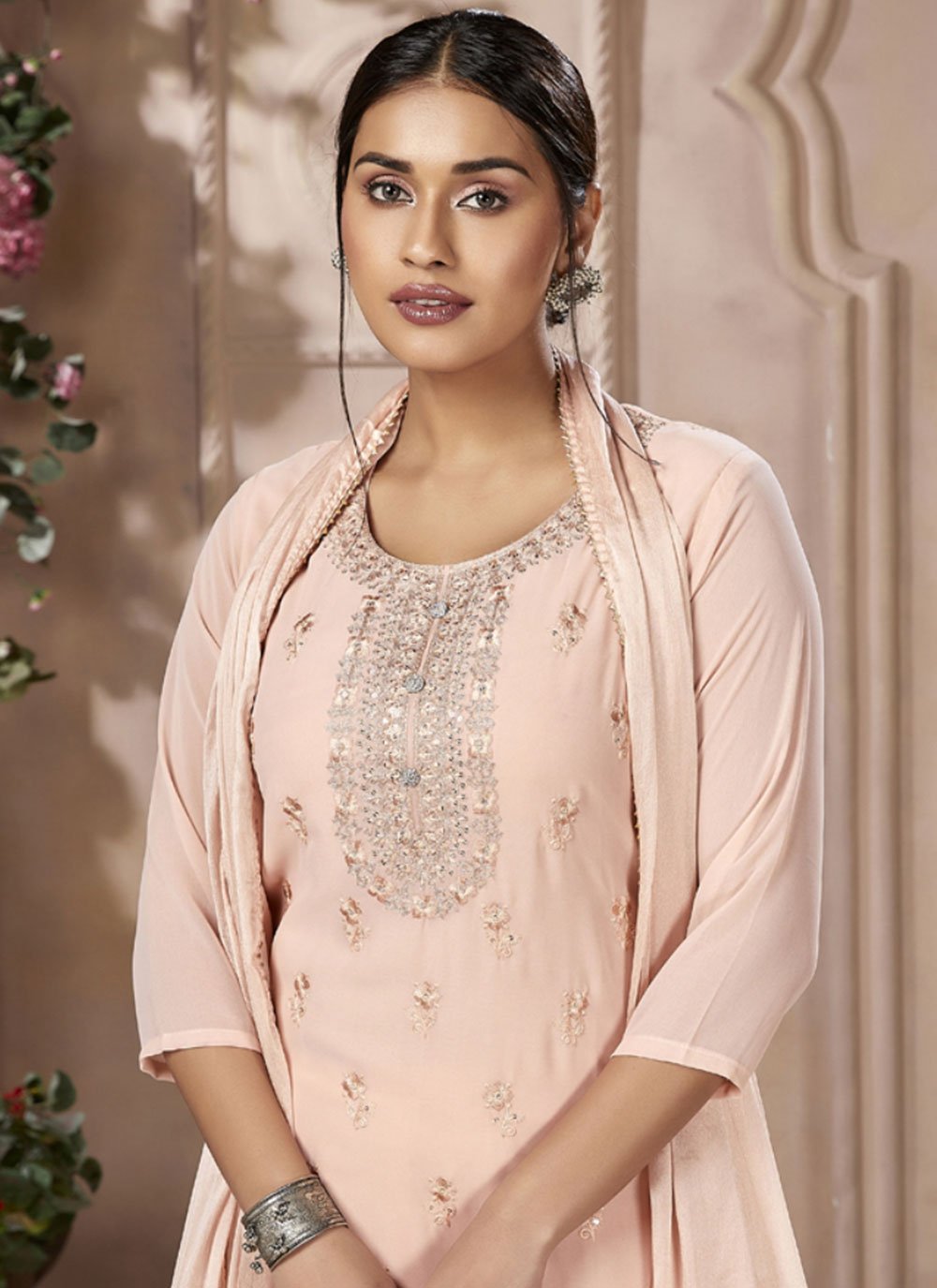Pant Style Suit Georgette Peach Embroidered Salwar Kameez