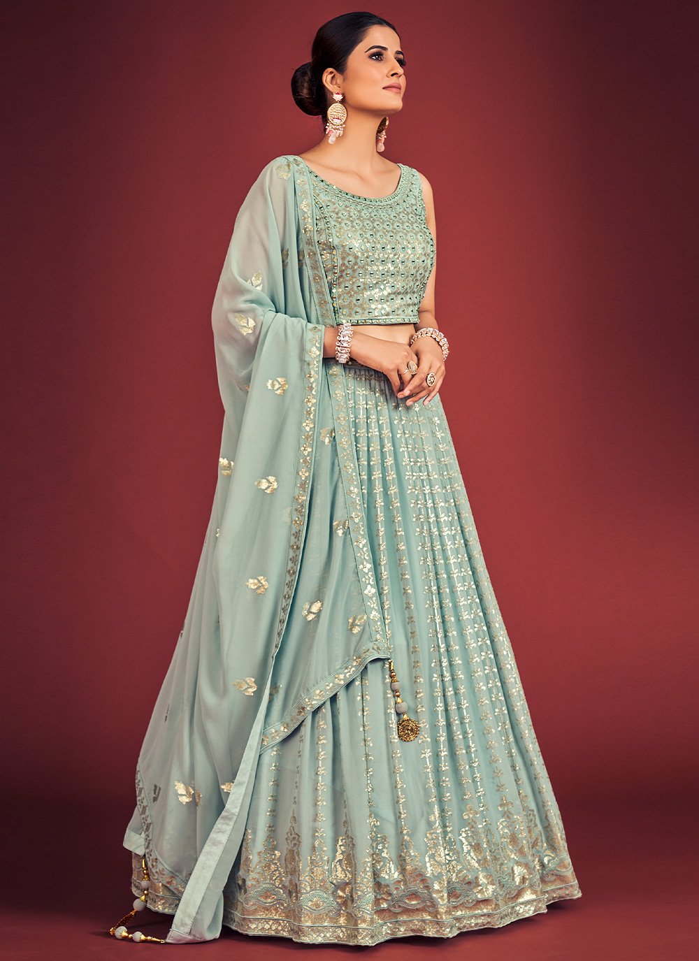 A Line Lehenga Georgette Blue Mirror Lehenga Choli