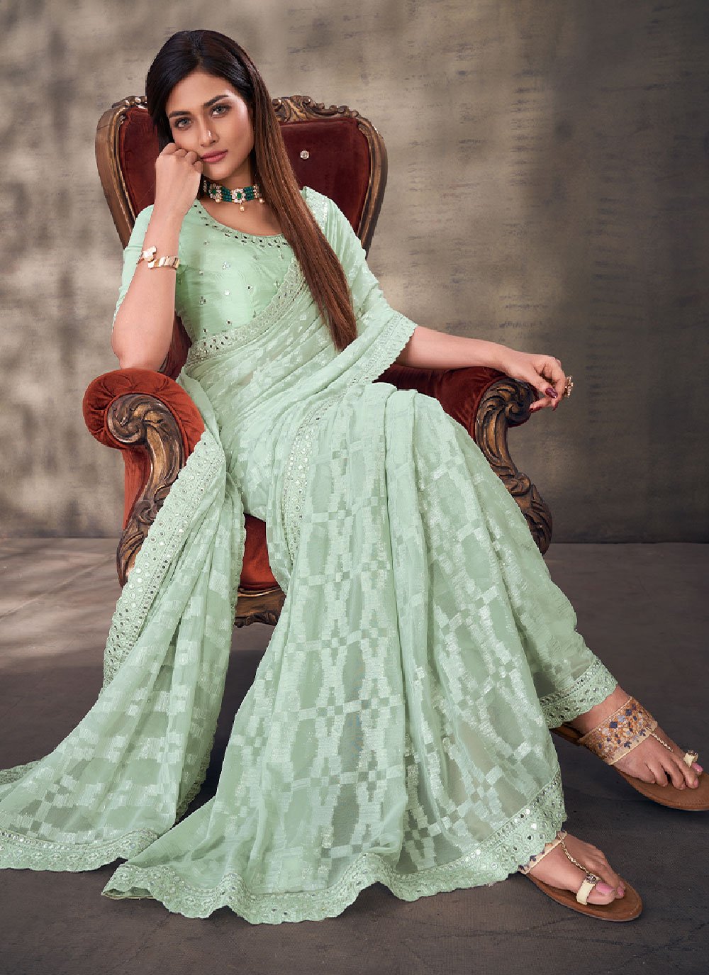 Contemporary Georgette Sea Green Mirror Saree