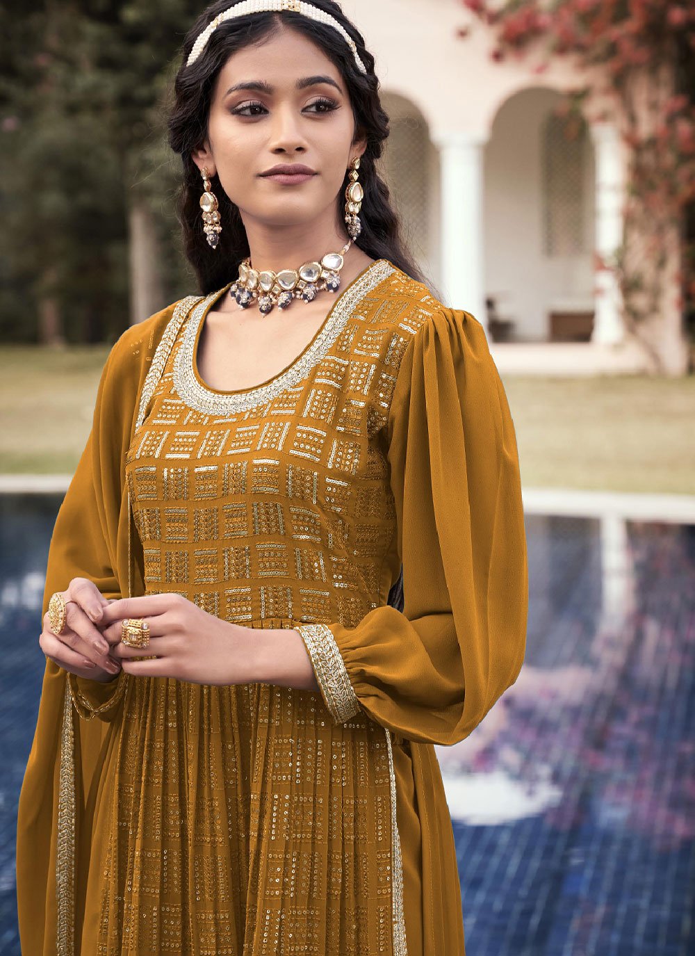 Salwar Suit Georgette Mustard Embroidered Salwar Kameez
