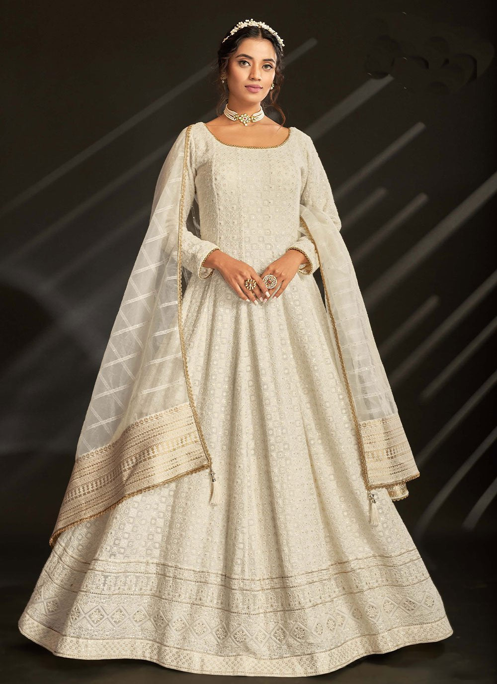 Anarkali Suit Designer Georgette Off White Salwar Kameez