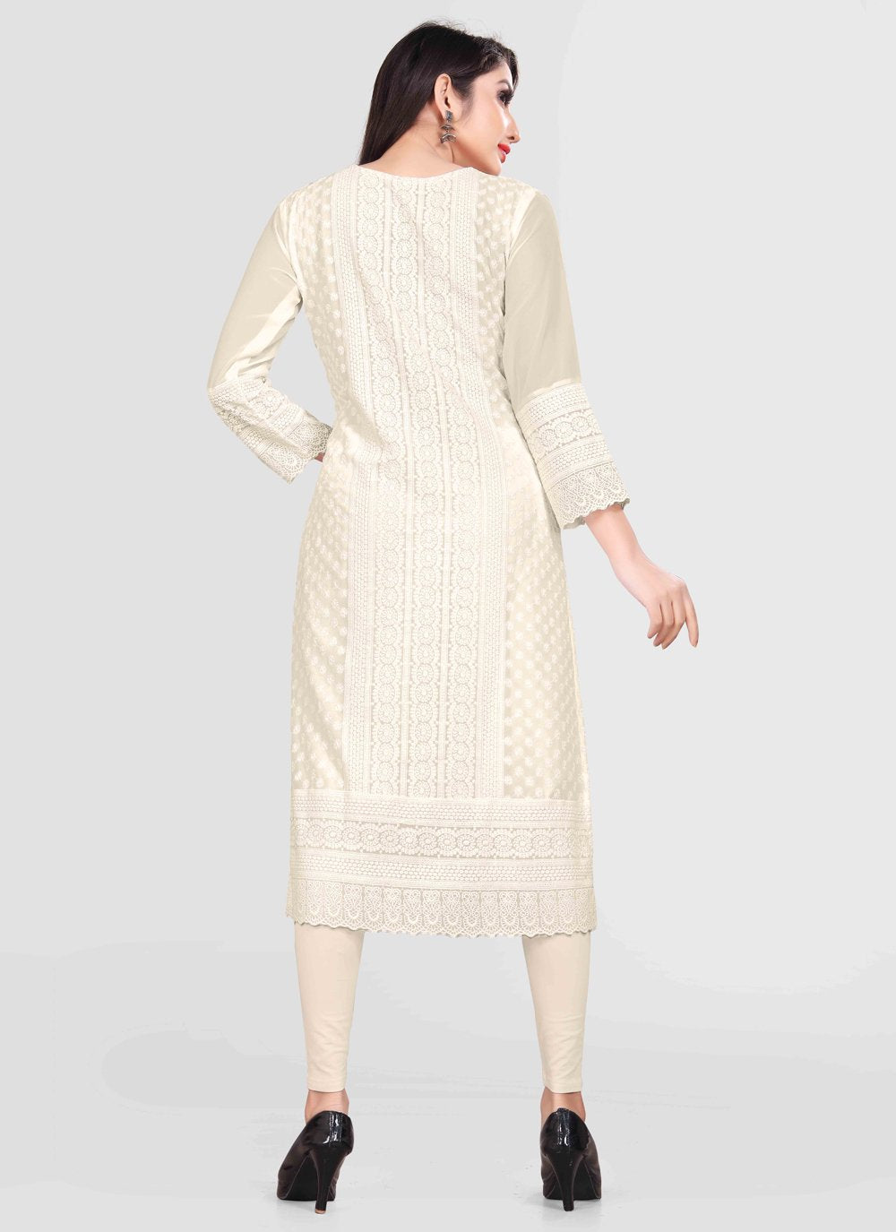 Designer Kurti Chiffon Georgette Off White Embroidered Kurtis