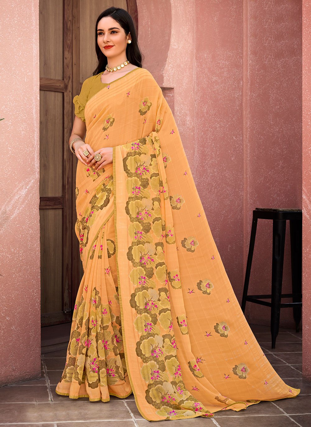 Classic Georgette Orange Print Saree