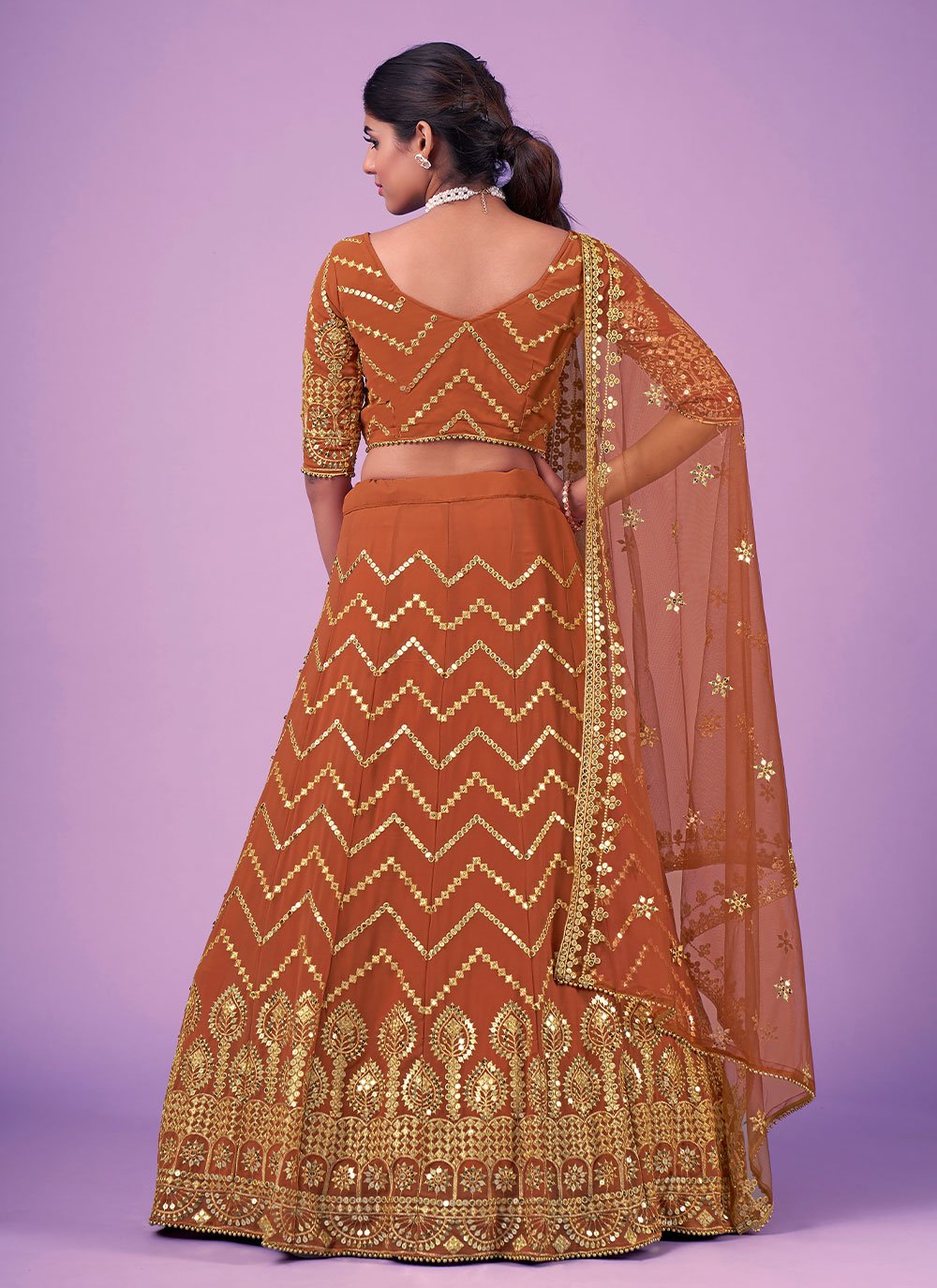 A Line Lehenga Georgette Orange Sequins Lehenga Choli