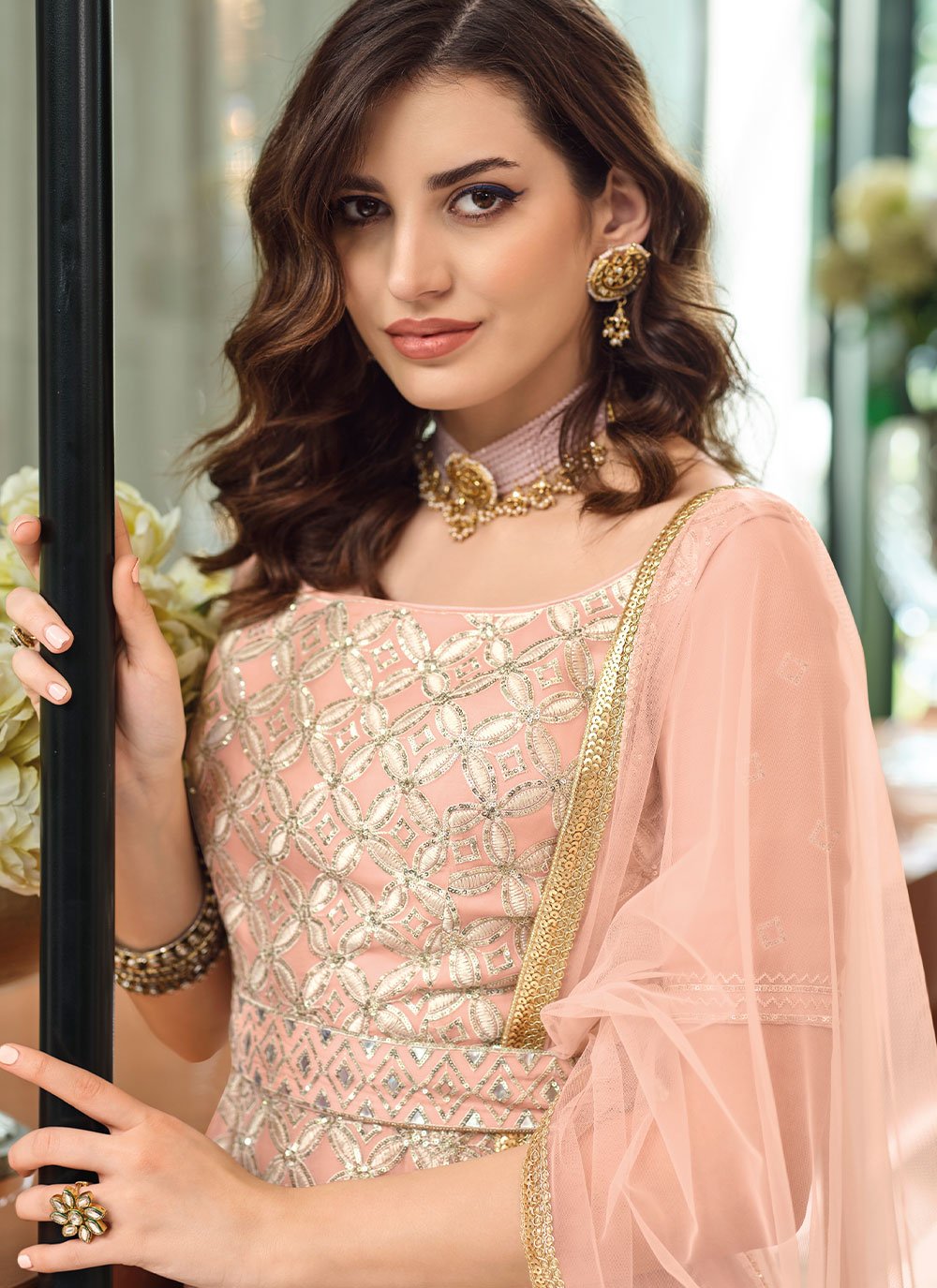 Palazzo Salwar Suit Georgette Peach Embroidered Salwar Kameez