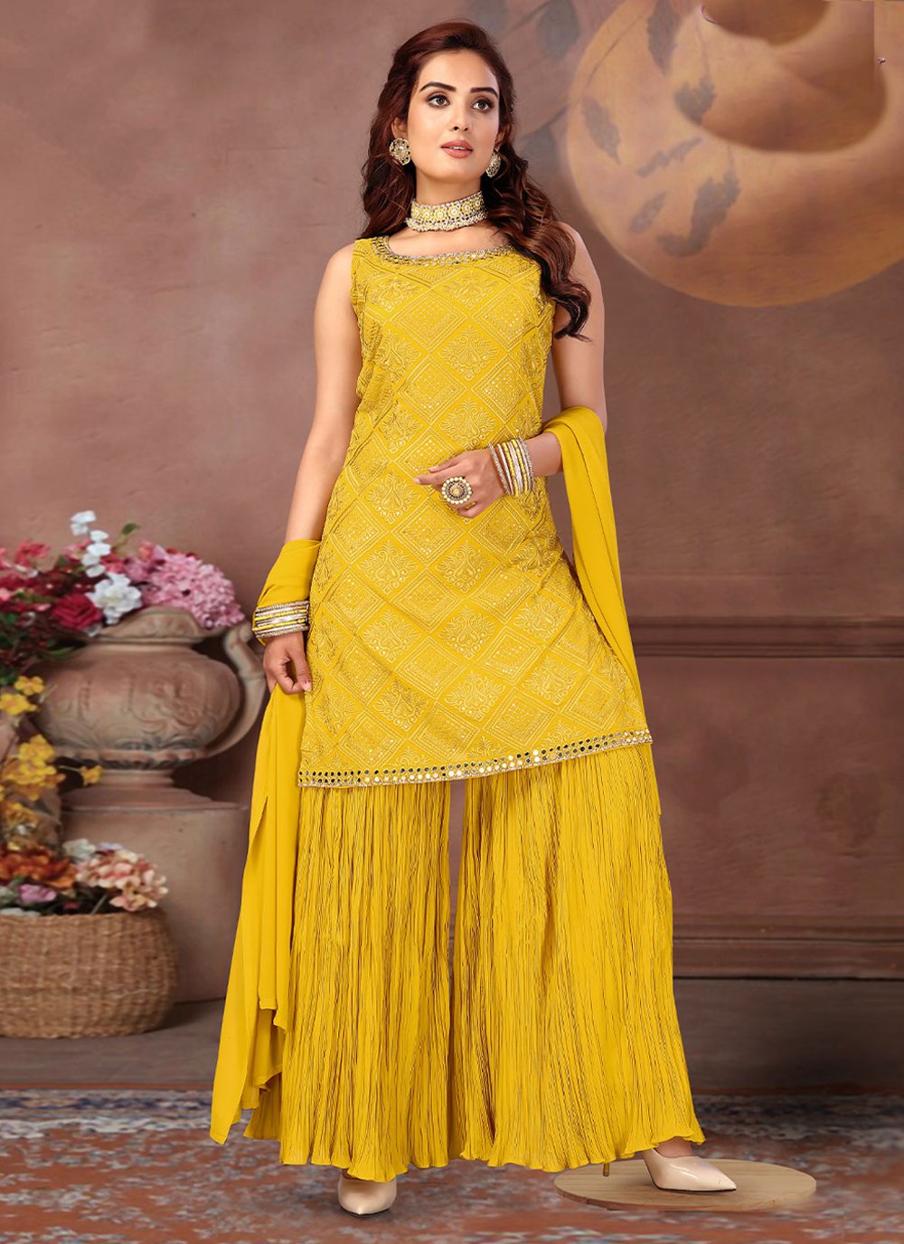 Palazzo Salwar Suit Georgette Yellow Embroidered Salwar Kameez