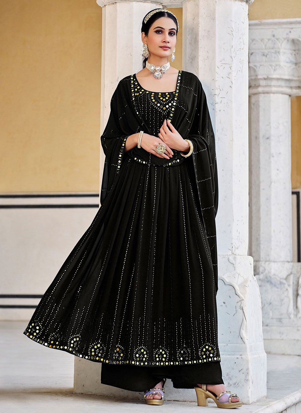 Palazzo Salwar Suit Georgette Black Embroidered Salwar Kameez