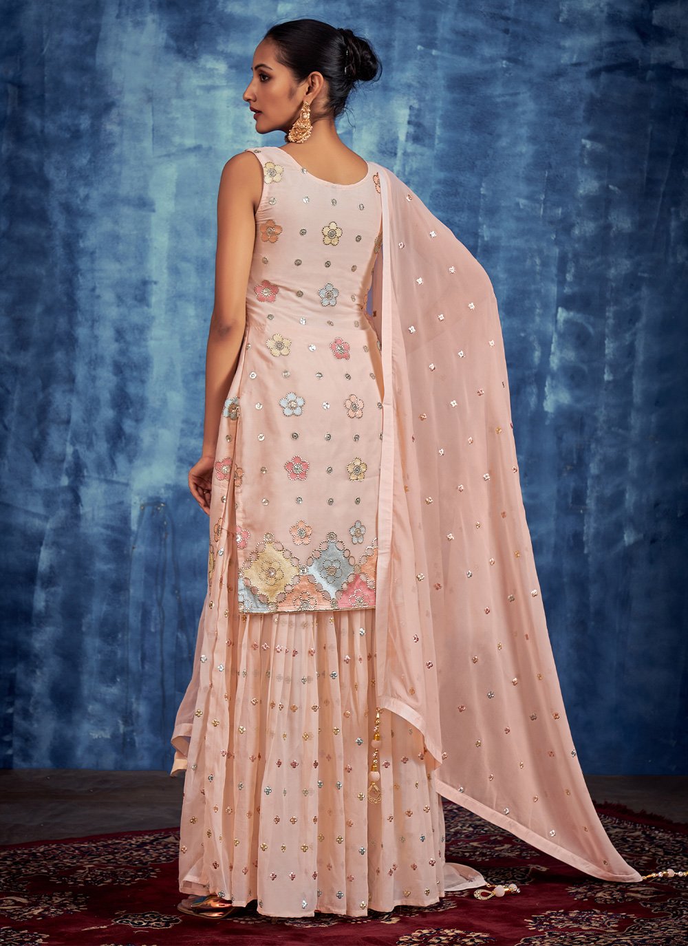 Palazzo Salwar Suit Georgette Peach Hand Work Salwar Kameez