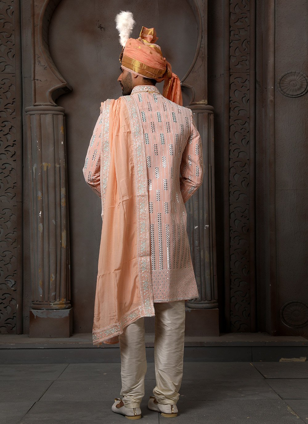 Sherwani Georgette Peach Machine Embroidery Mens