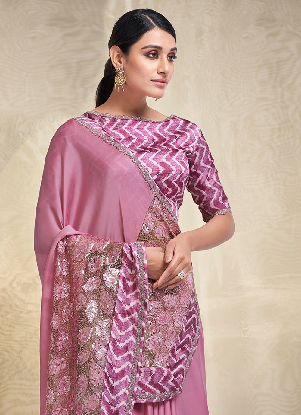 Classic Crepe Silk Georgette Pink Embroidered Saree