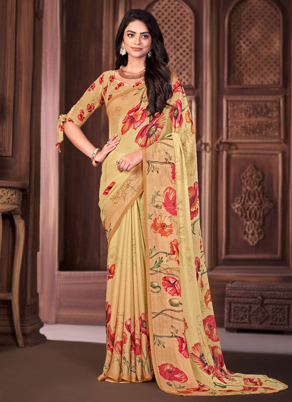 Classic Georgette Cream Print Saree