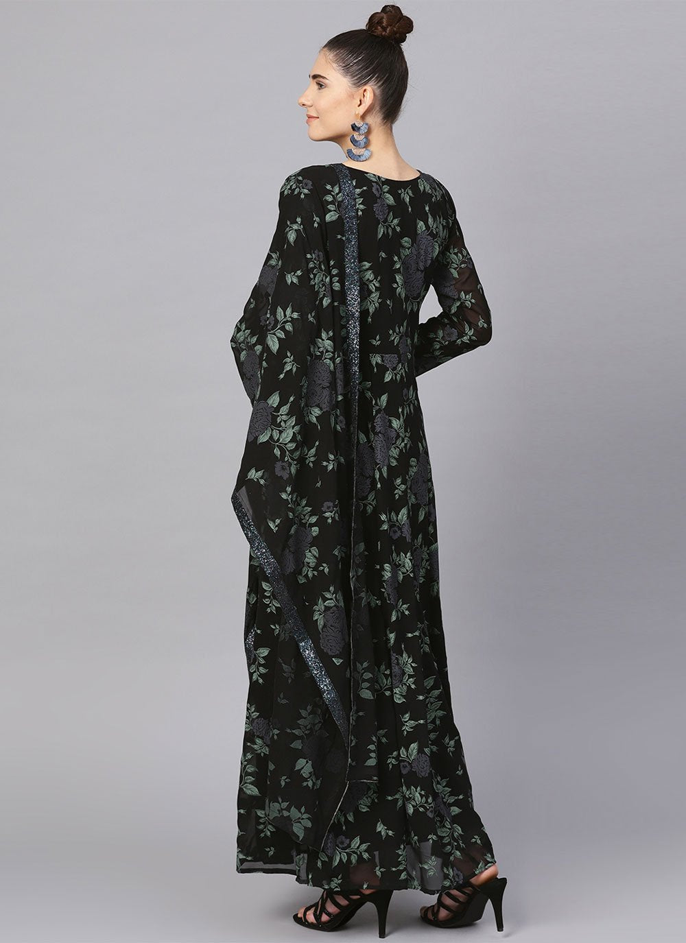 Gown Georgette Black Print Gown
