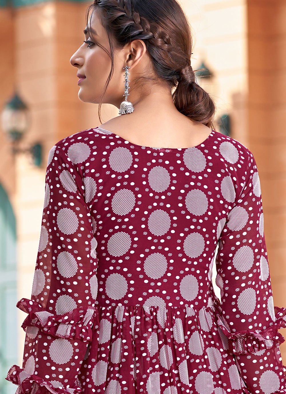 Designer Gown Georgette Maroon Print Gown