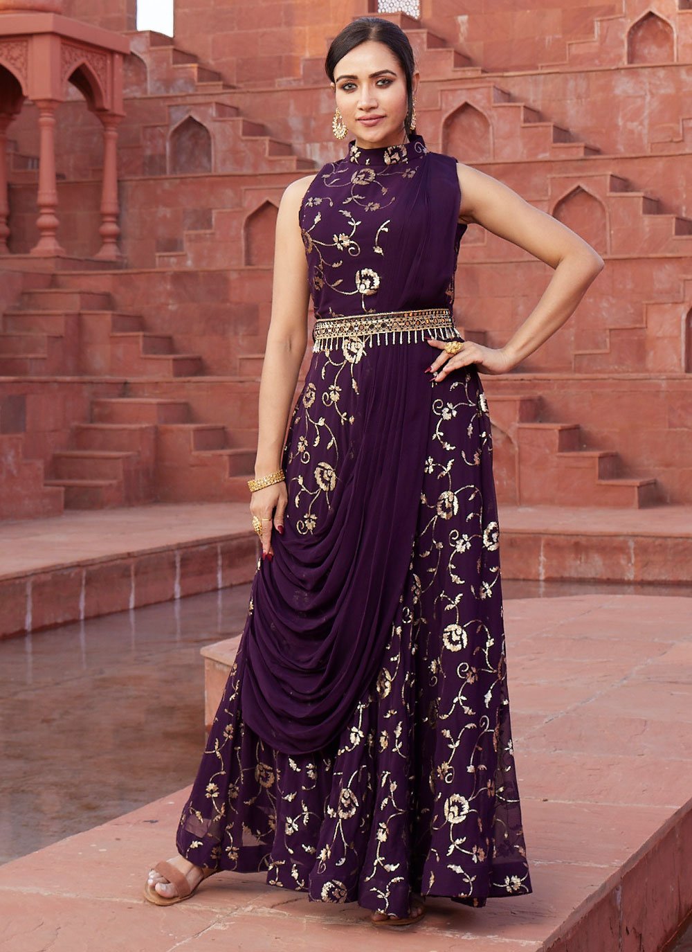 Gown Georgette Purple Foil Print Gown
