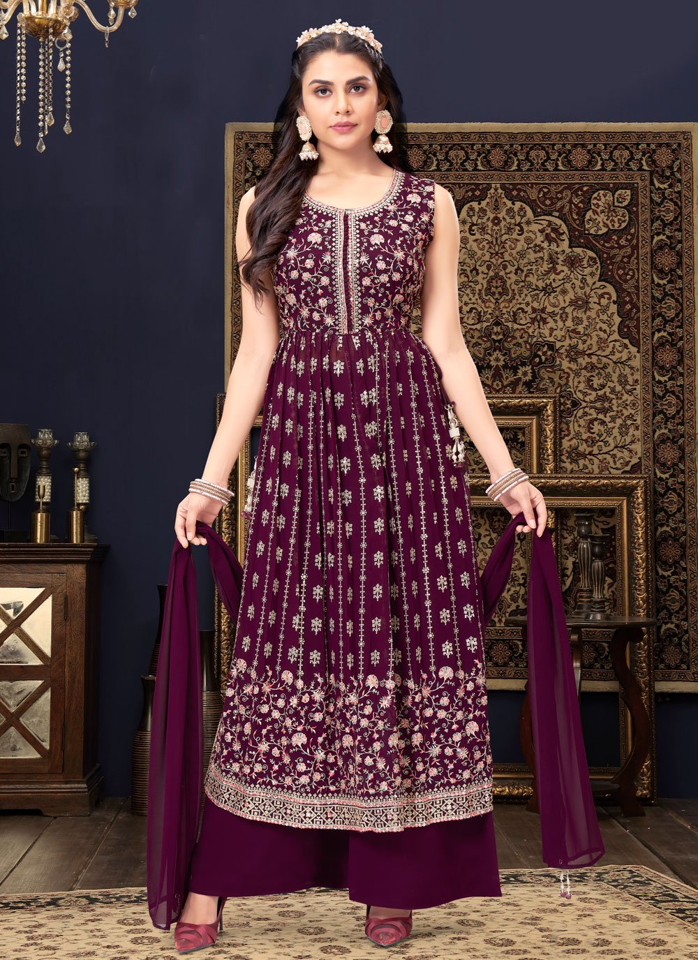 Salwar Suit Georgette Purple Embroidered Salwar Kameez