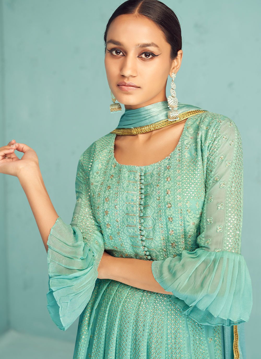 Salwar Suit Georgette Sea Green Embroidered Salwar Kameez