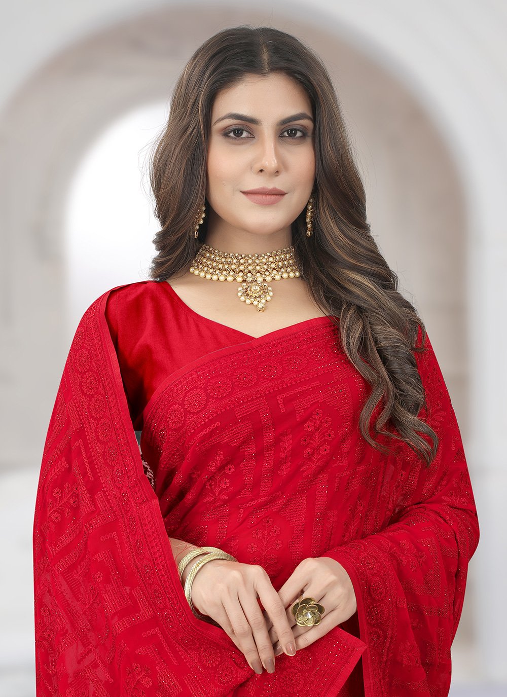 Classic Georgette Red Embroidered Saree