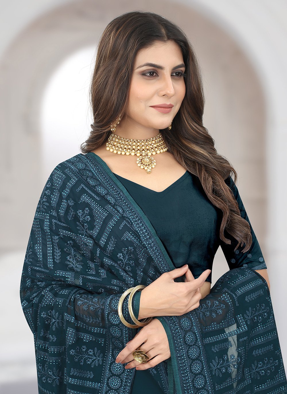 Contemporary Georgette Morpeach Embroidered Saree