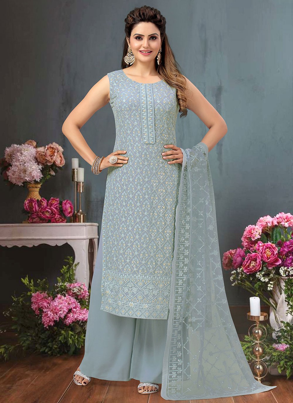 Salwar Suit Georgette Grey Embroidered Salwar Kameez