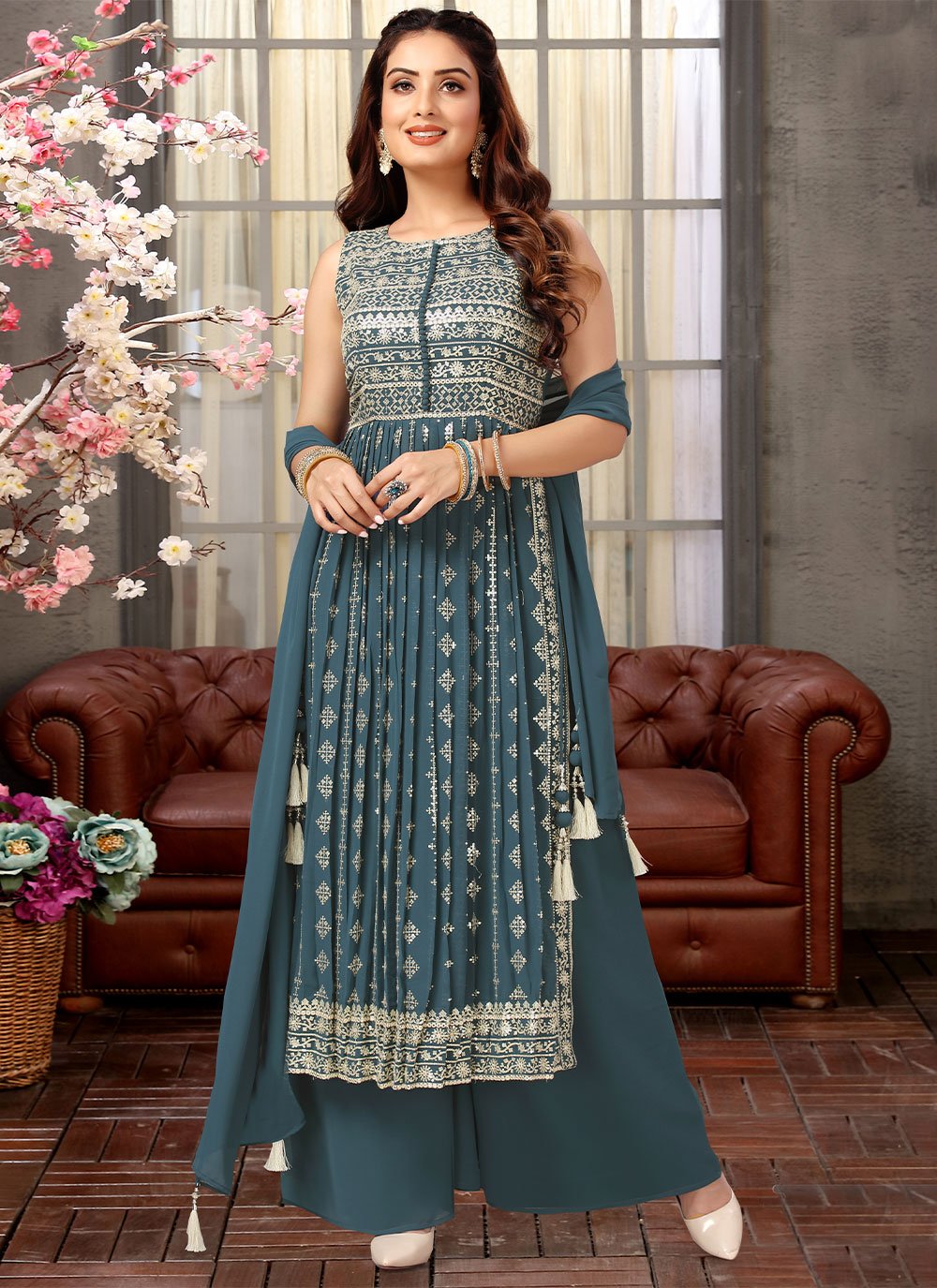 Salwar Suit Georgette Teal Embroidered Salwar Kameez