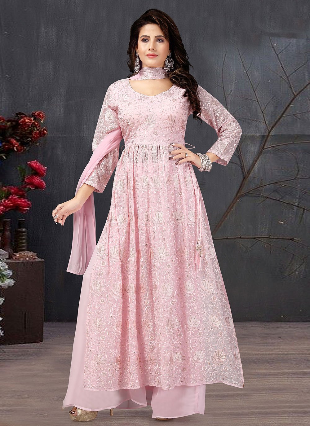 Patiala Suit Georgette Pink Embroidered Salwar Kameez