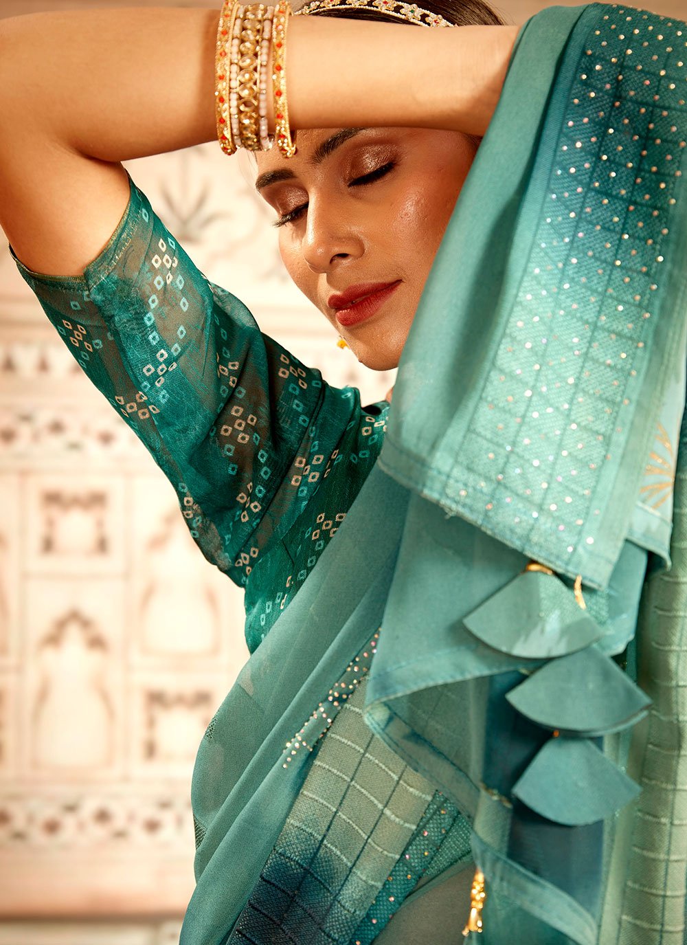 Classic Georgette Turquoise Stone Saree