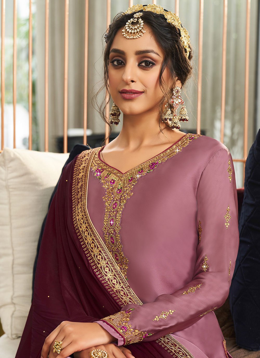 Lehenga Choli Georgette Satin Mauve Embroidered Lehenga Choli