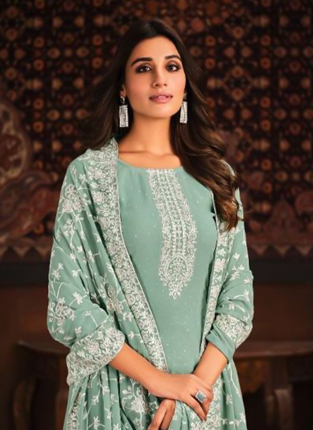 Designer Straight Salwar Suit Georgette Sea Green Embroidered Salwar Kameez