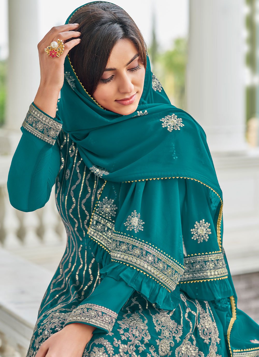 Salwar Suit Georgette Sea Green Embroidered Salwar Kameez