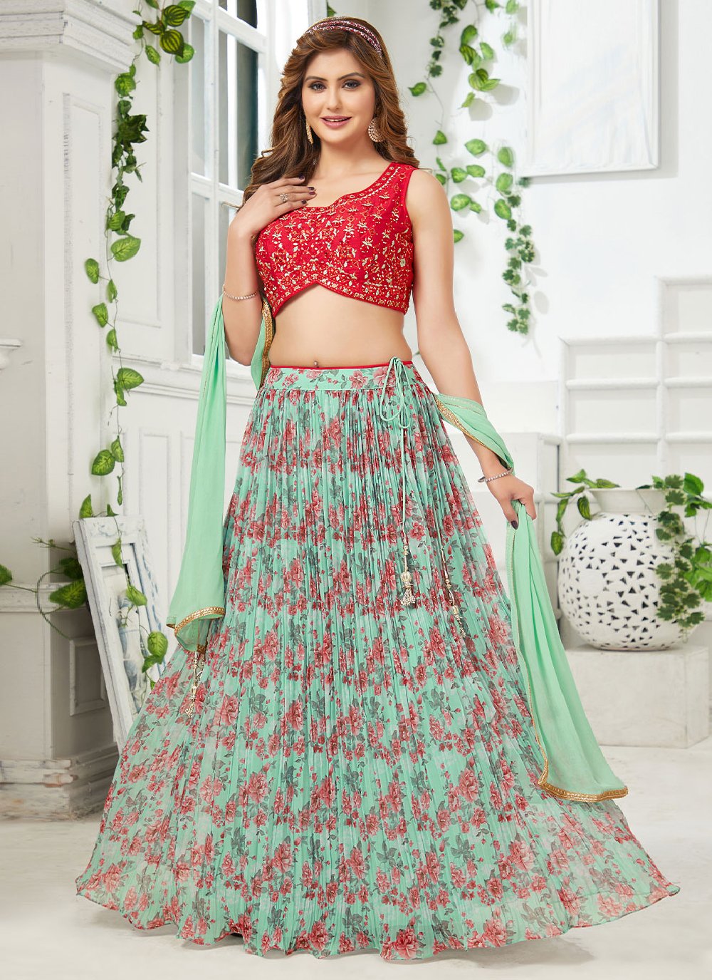 Lehenga Choli Georgette Sea Green Embroidered Lehenga Choli