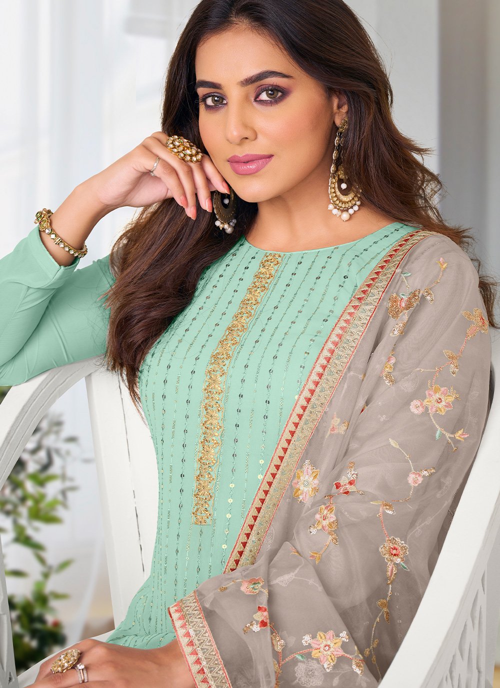 Straight Salwar Suit Georgette Sea Green Embroidered Salwar Kameez