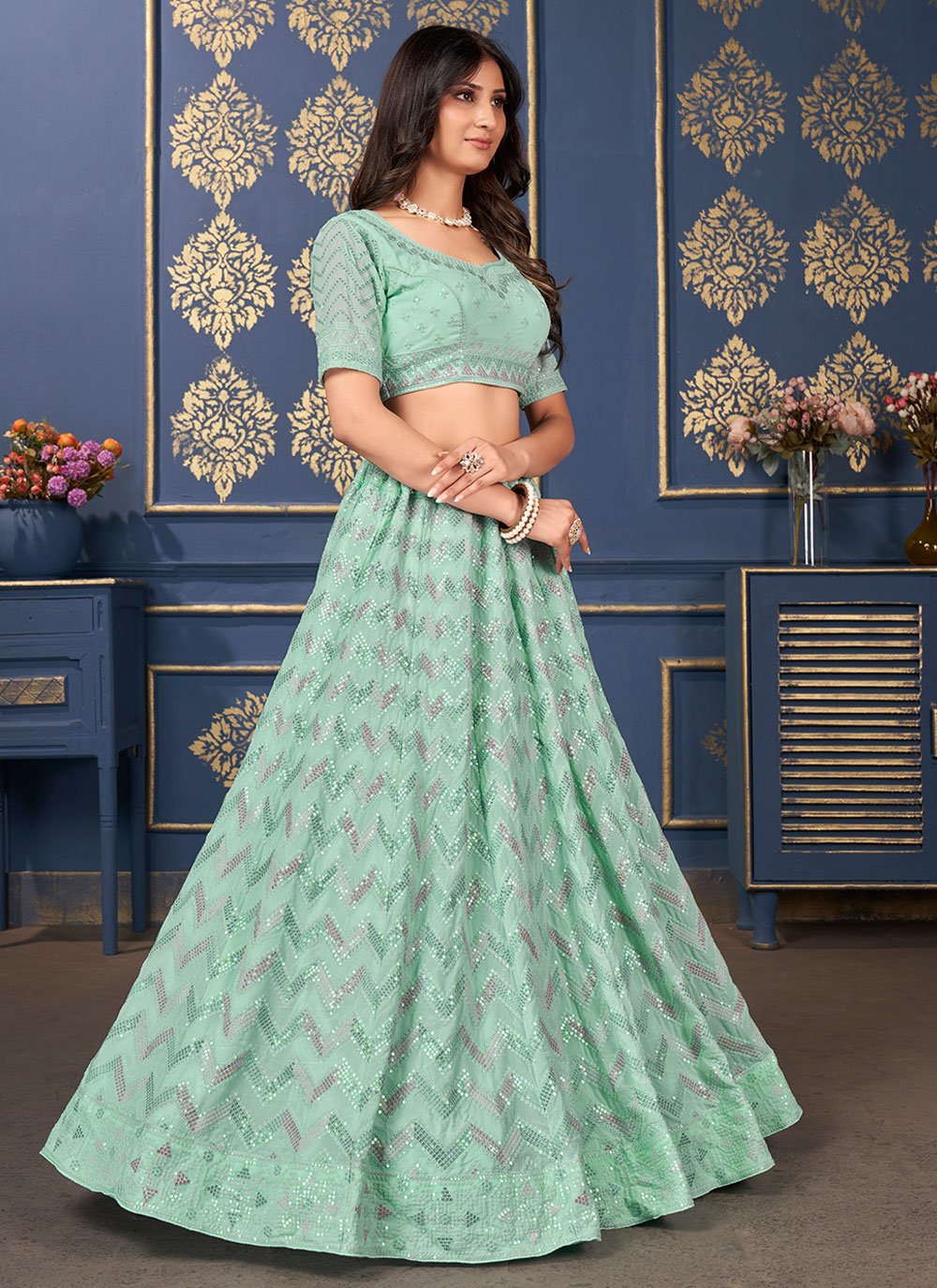 Lehenga Choli Georgette Sea Green Embroidered Lehenga Choli