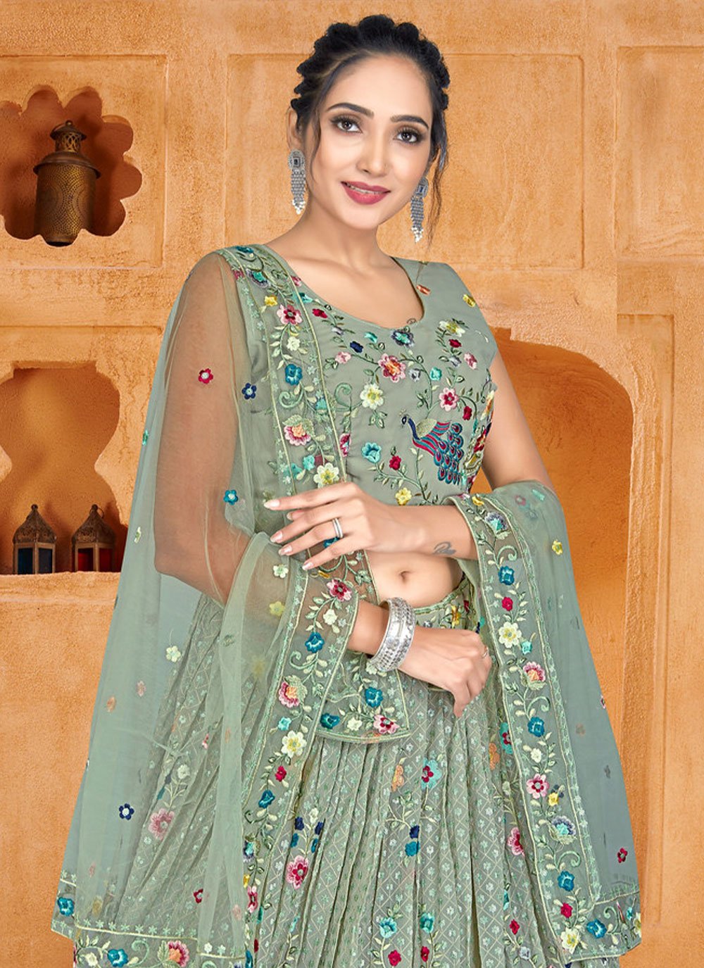 Lehenga Choli Georgette Sea Green Embroidered Lehenga Choli